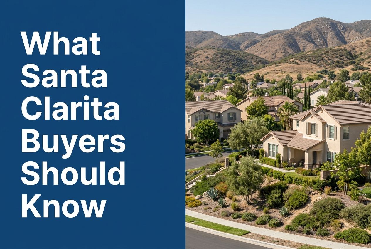 A split-screen graphic with the title text on a blue background and a residential street scene in the Santa Clarita Valley on the right.