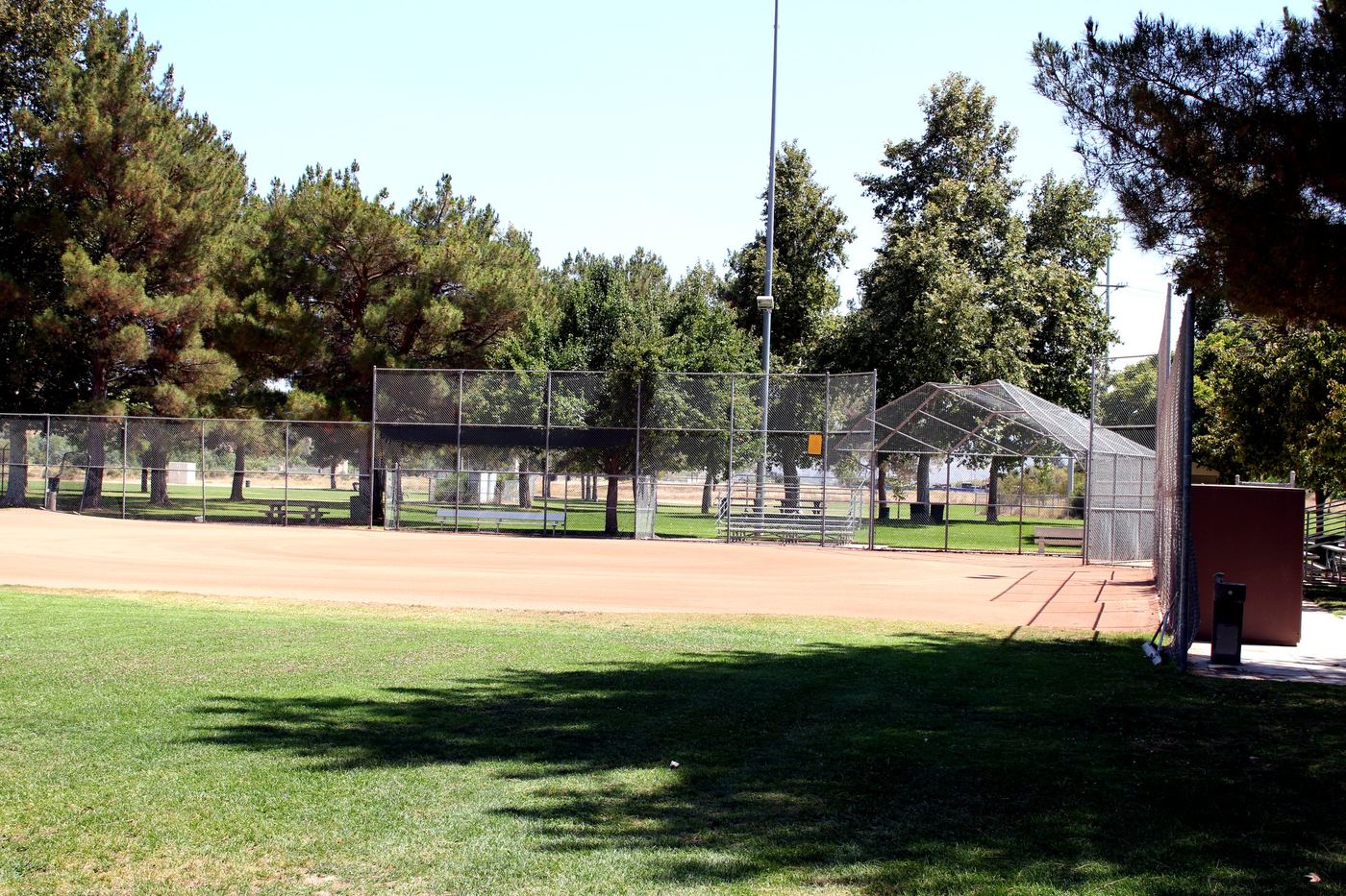 Empty baseball field and batting cage at the Castaic Sports Complex in Castaic, California