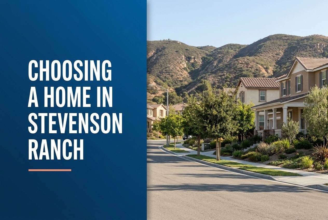 A split-screen graphic with blue panel featuring white text and a photorealistic residential street scene in Stevenson Ranch, California.