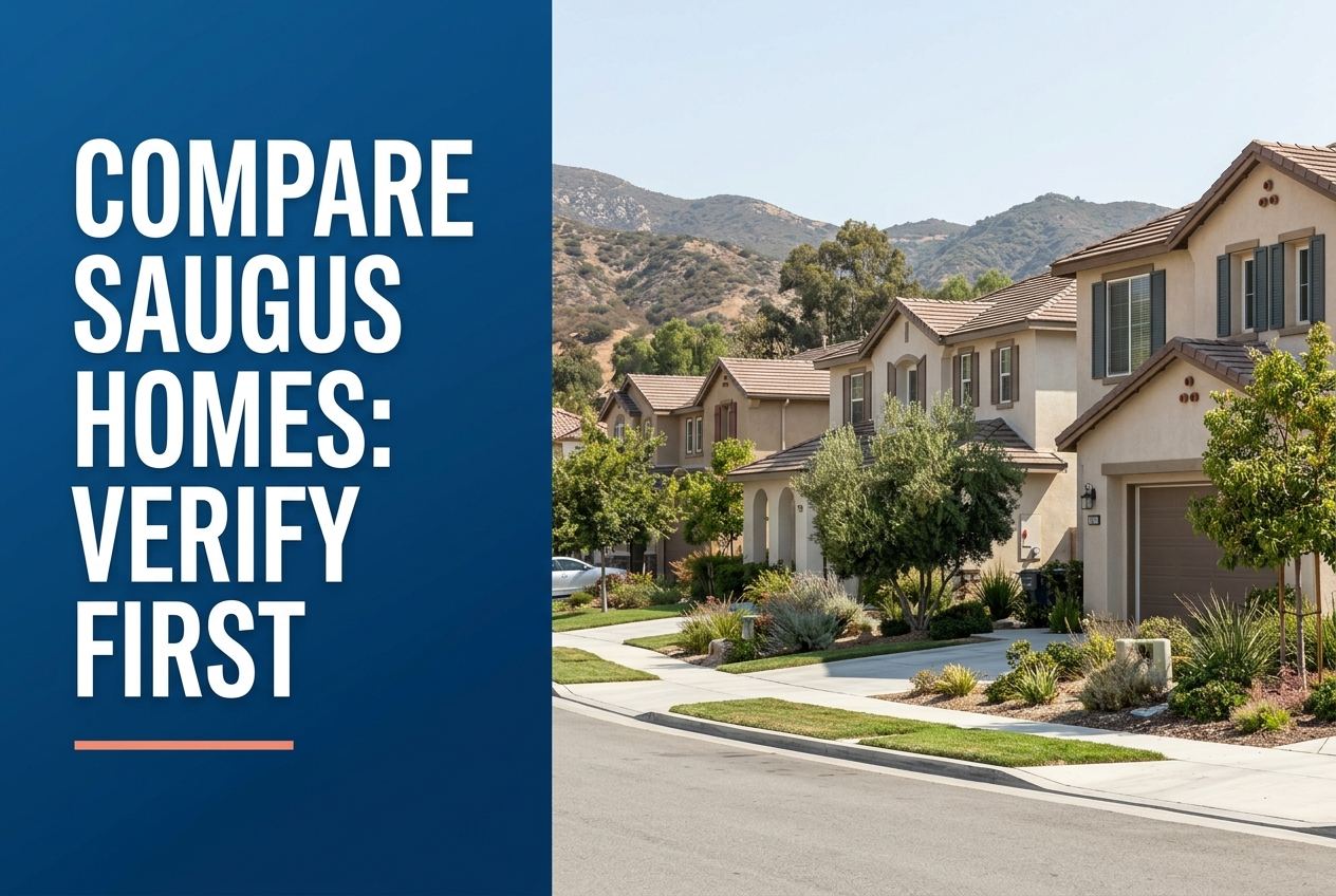 A deep blue panel with white text on the left, and a photorealistic view of residential homes in Saugus, Santa Clarita on the right.