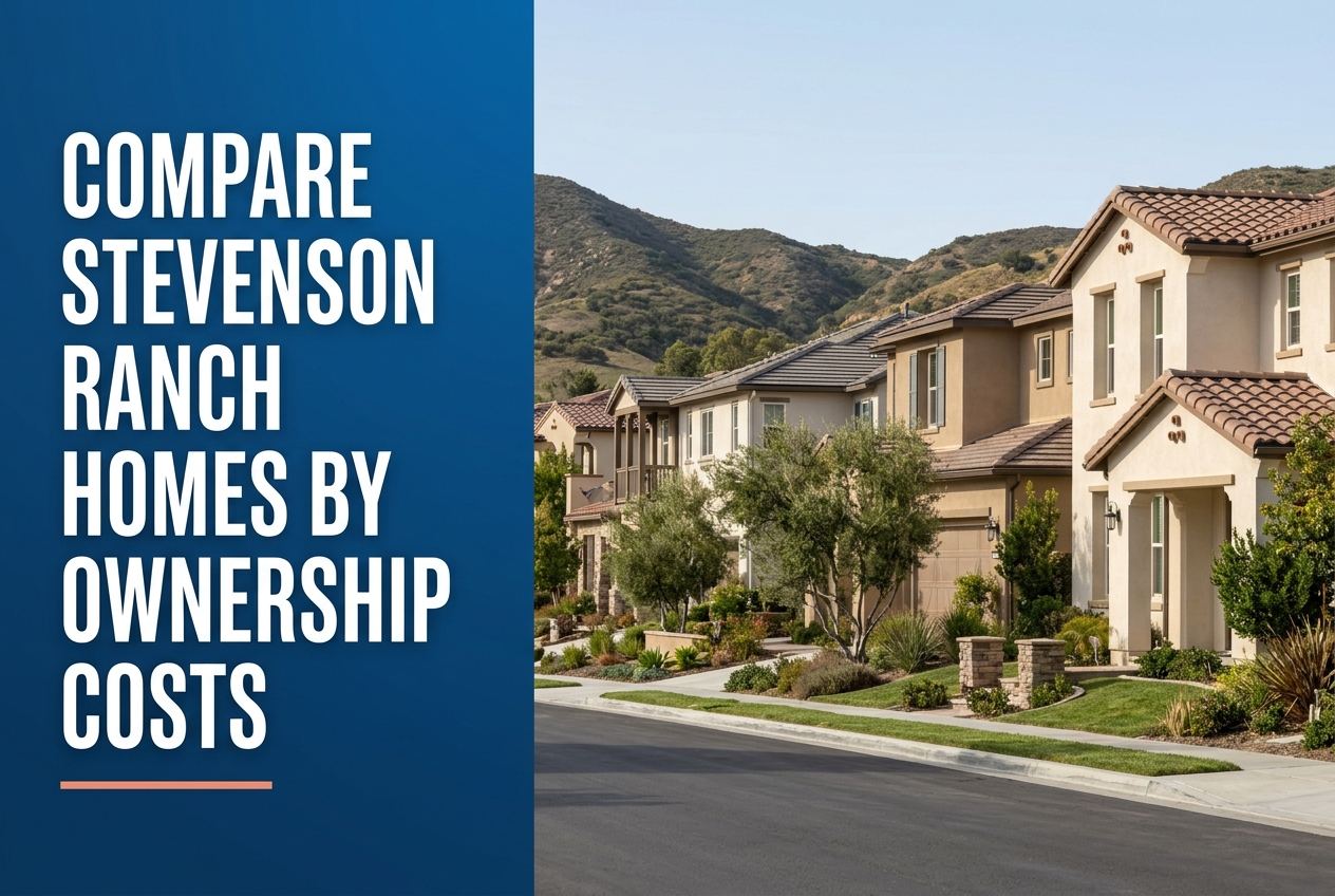 A split-panel editorial graphic featuring the text COMPARE STEVENSON RANCH HOMES BY OWNERSHIP COSTS over a photo of suburban California homes.