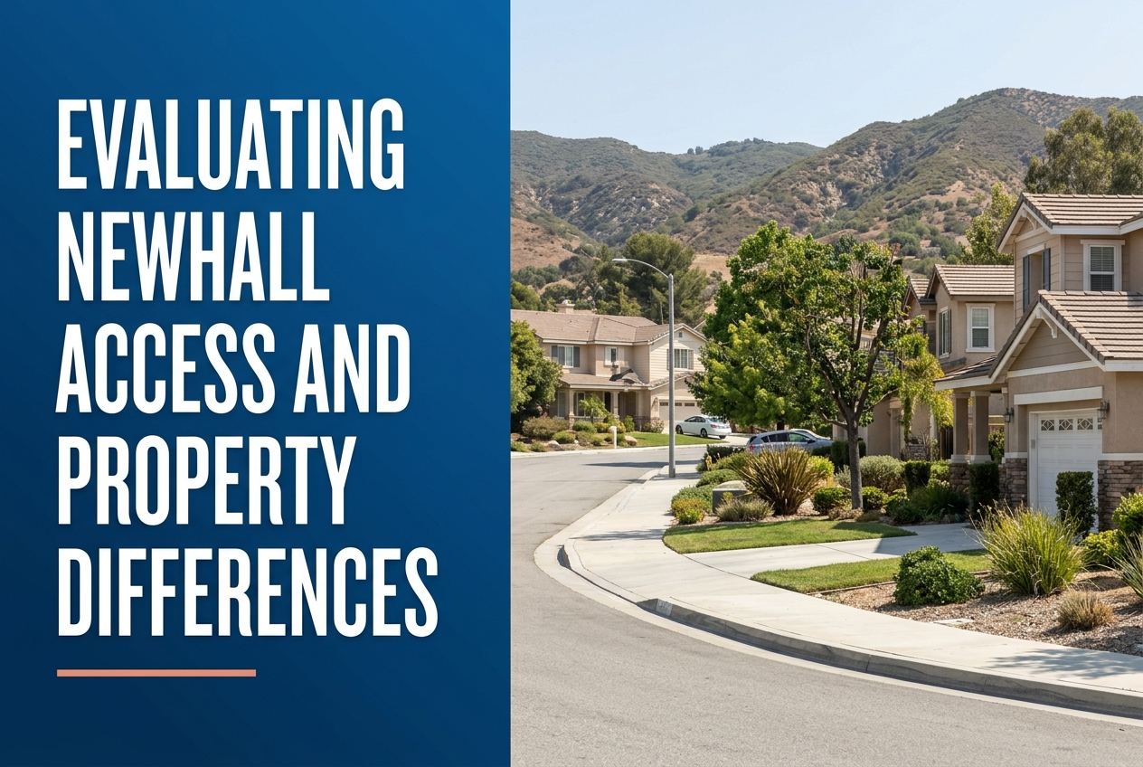 Split graphic: blue panel with white text 'Evaluating Newhall Access and Property Differences' and a Southern California residential streetscape.