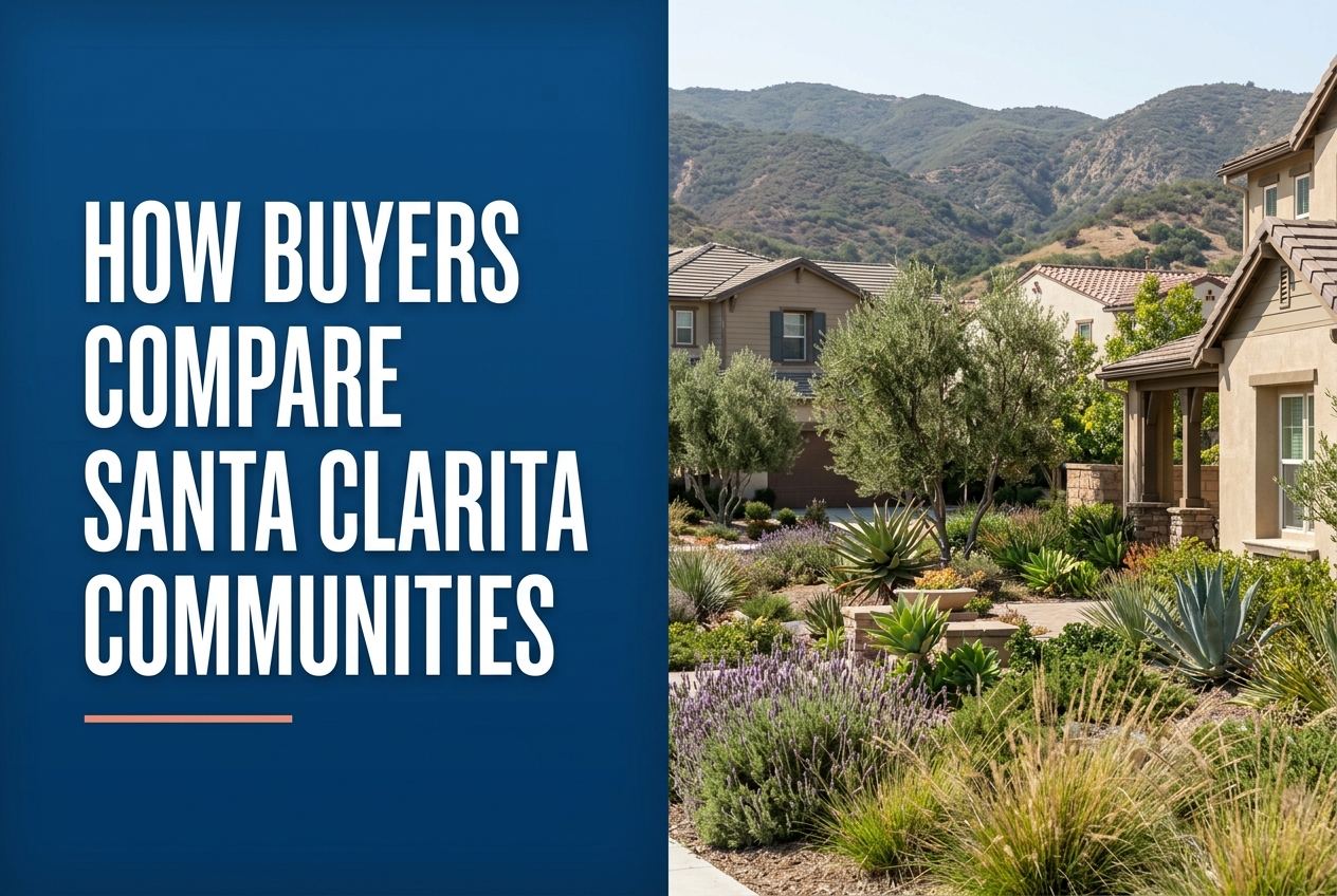 A left blue panel with white text reads 'HOW BUYERS COMPARE SANTA CLARITA COMMUNITIES'. Right shows Santa Clarita homes with drought-aware landscaping.