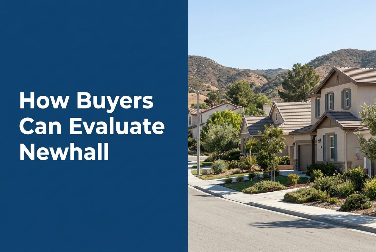 A split-screen image showing a deep blue panel on the left with the text 'How Buyers Can Evaluate Newhall' and a Southern California streetscape.