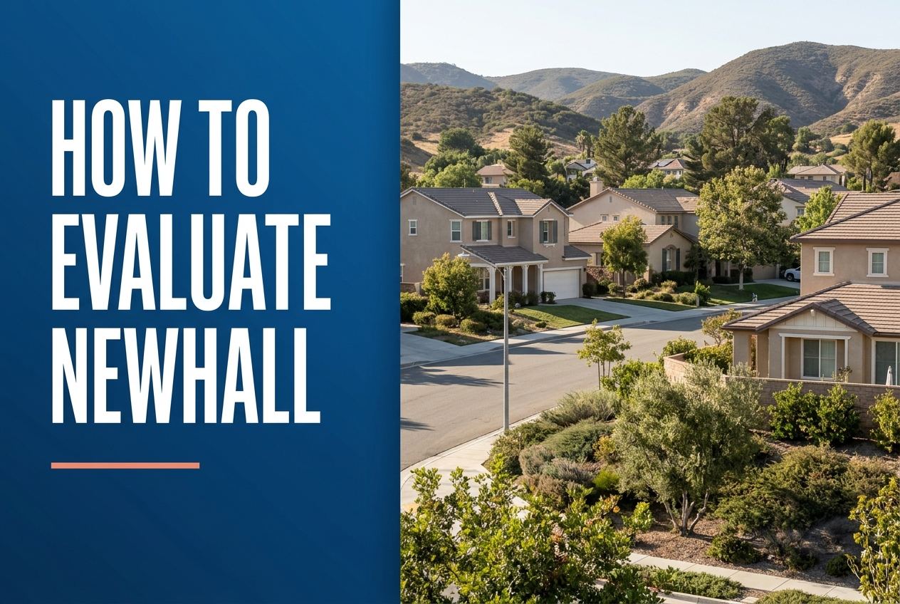 A split-screen image showing the title HOW TO EVALUATE NEWHALL on a blue panel on the left and a residential Santa Clarita streetscape on the right.