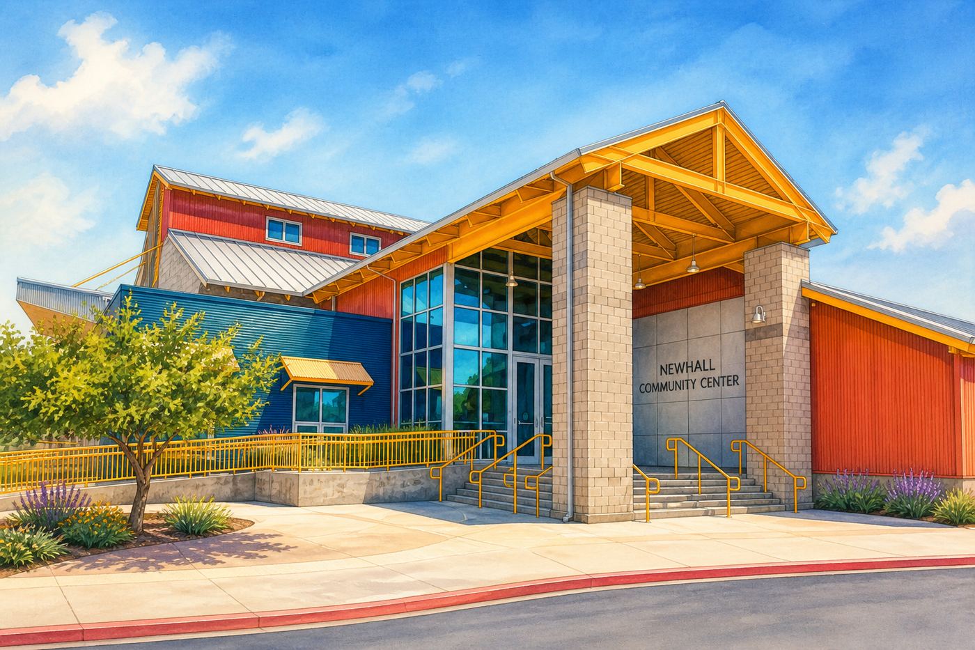 Architectural illustration of the Newhall Community Center entrance in Newhall, California.