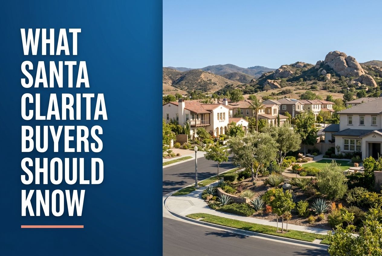 A split-screen graphic with white text on a blue panel on the left and a sunny Santa Clarita residential street with foothills on the right.