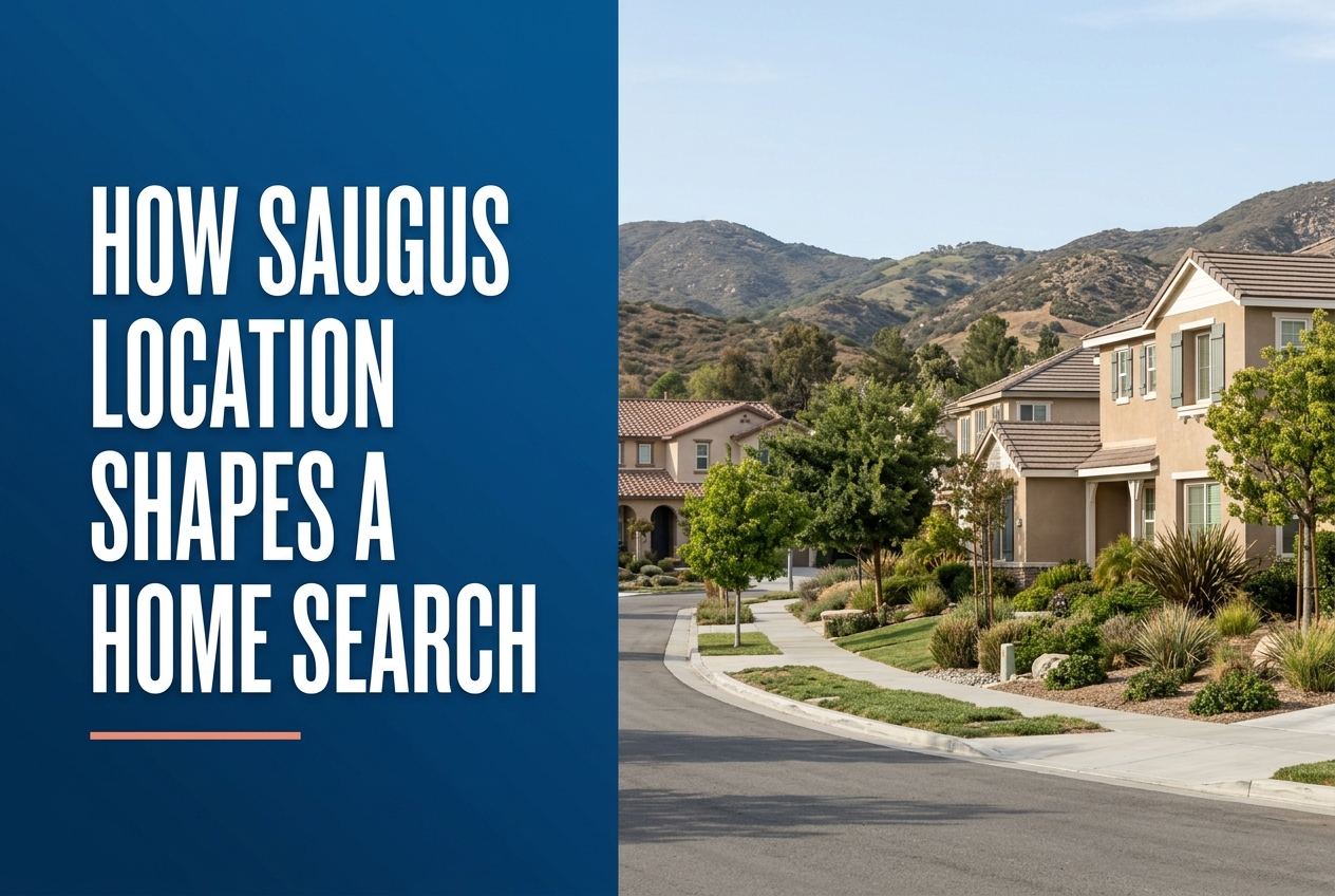 A split-layout blog cover featuring white text on a blue panel on the left and a sunny Saugus, CA residential street with hills on the right.