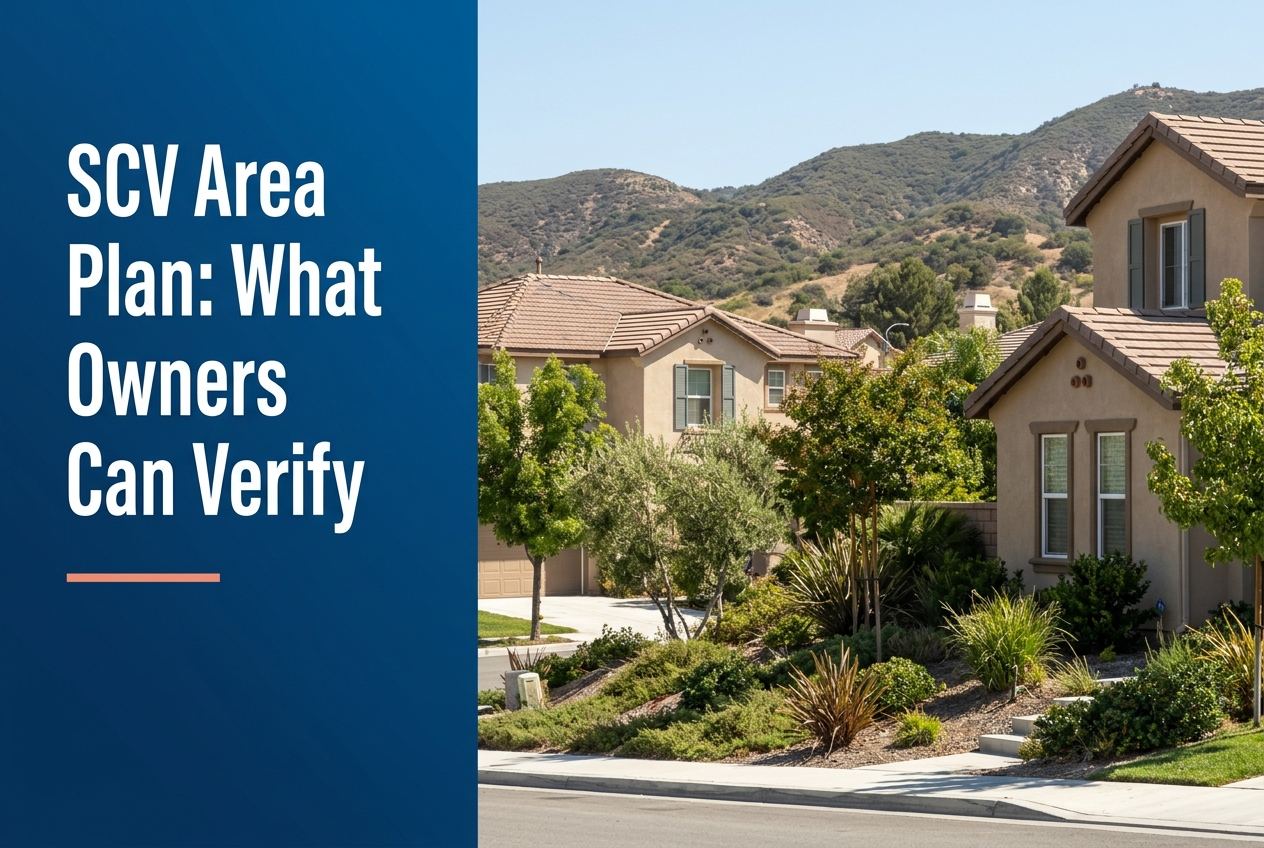 A split-panel blog cover with a blue title text on the left and a photorealistic SCV suburban street scene with foothills on the right.