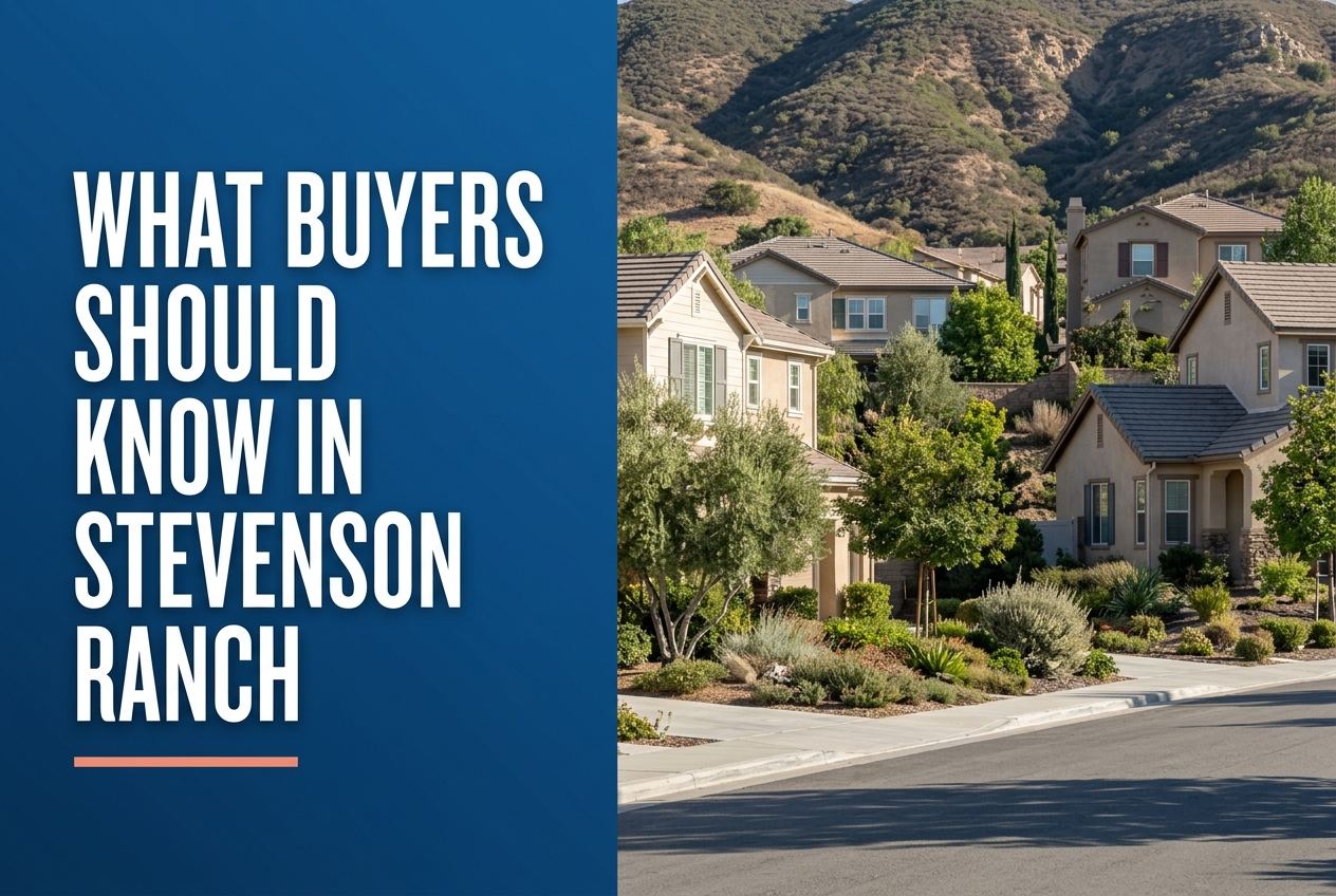 A split-screen editorial graphic with a blue text panel on the left and a photorealistic view of hillside Southern California homes on the right.