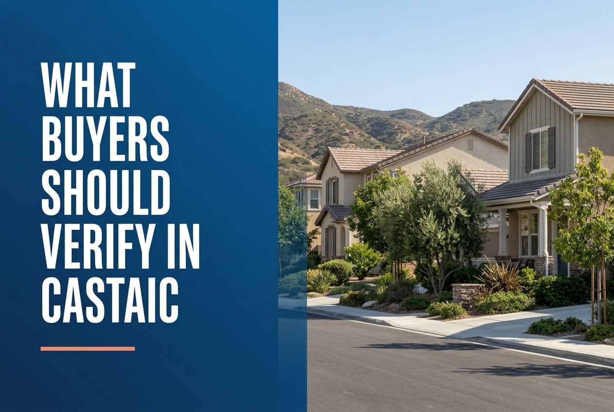 A split-layout blog cover featuring a deep blue panel on the left with white text and a coral line, next to a photo of Castaic homes.