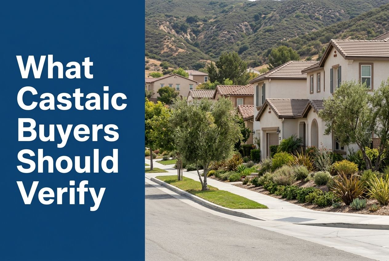 A split-view image with white text on a blue background on the left and a sunny, suburban Castaic street with homes and hills on the right.