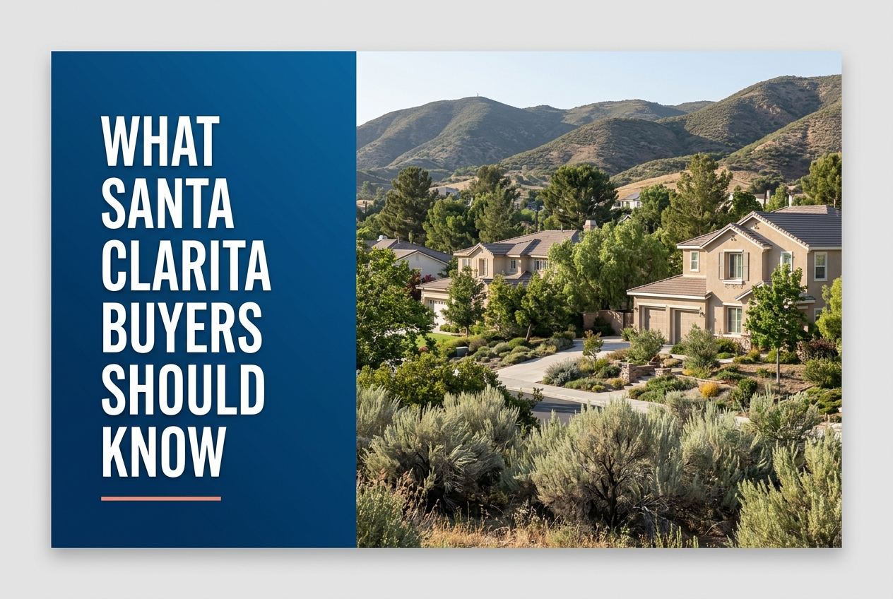 A split-view image with a dark blue panel on the left containing white text and a coral line, and a sunny Santa Clarita suburban neighborhood on the right.