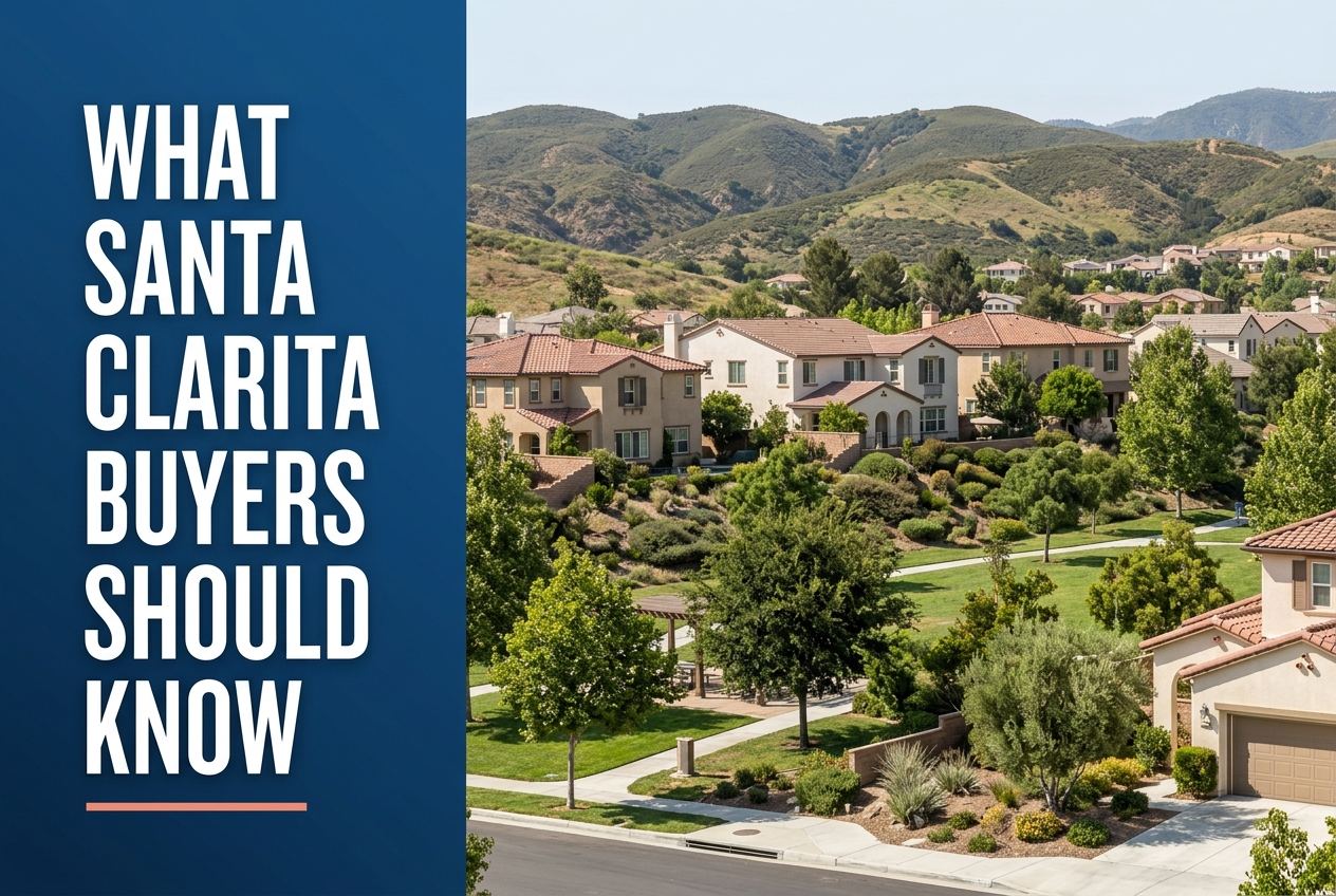 A split-panel image with deep blue left section containing the title and a right section showing a Santa Clarita residential neighborhood.