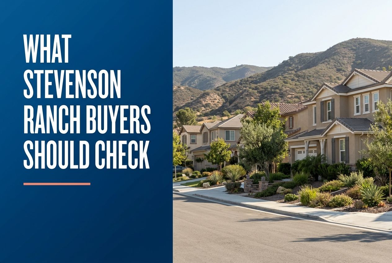 A split-panel image showing a blue background with the text 'WHAT STEVENSON RANCH BUYERS SHOULD CHECK' and a Southern California street.