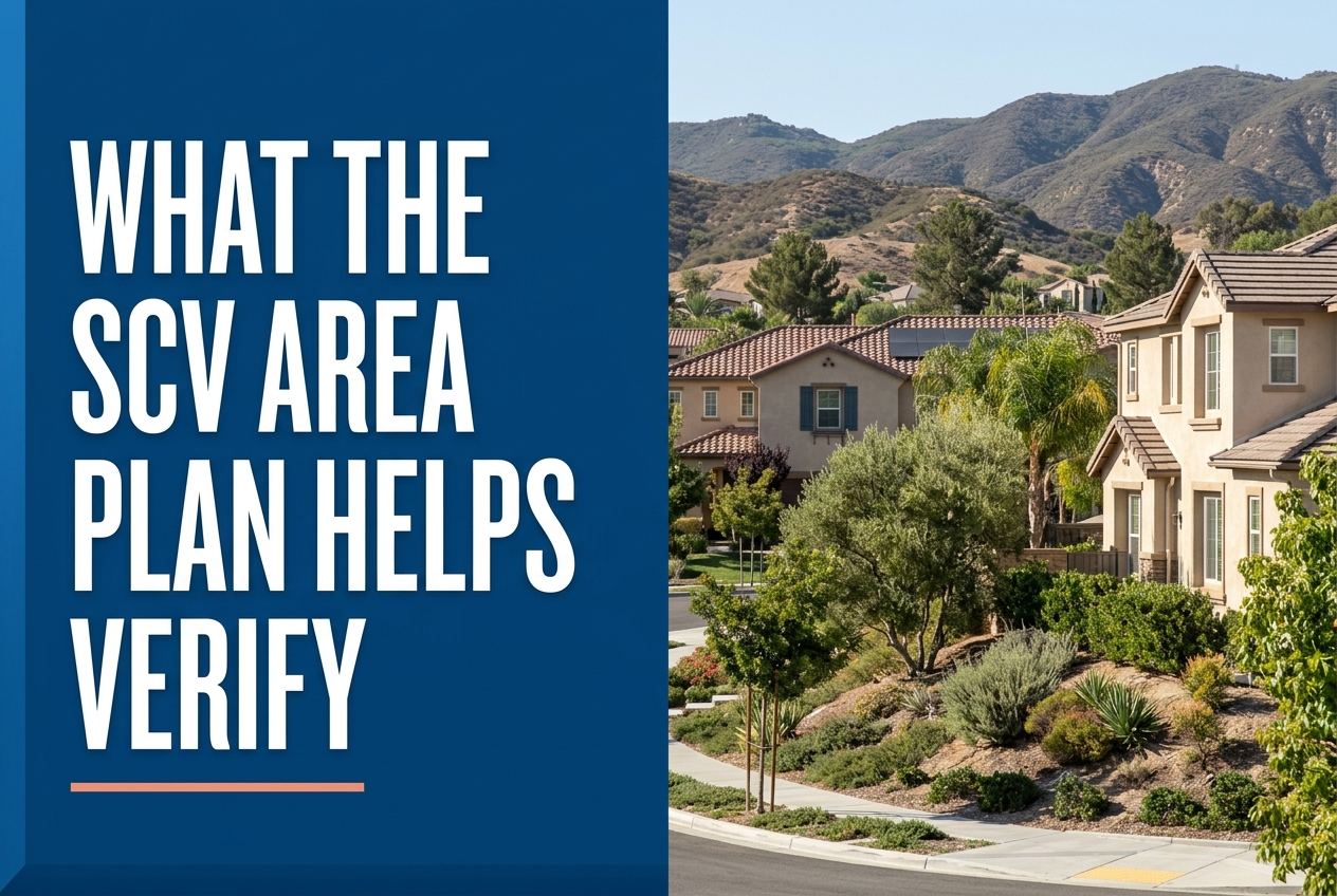 A split cover image with a blue panel on the left featuring white text and a coral line, and a photo of SCV suburban homes on the right.