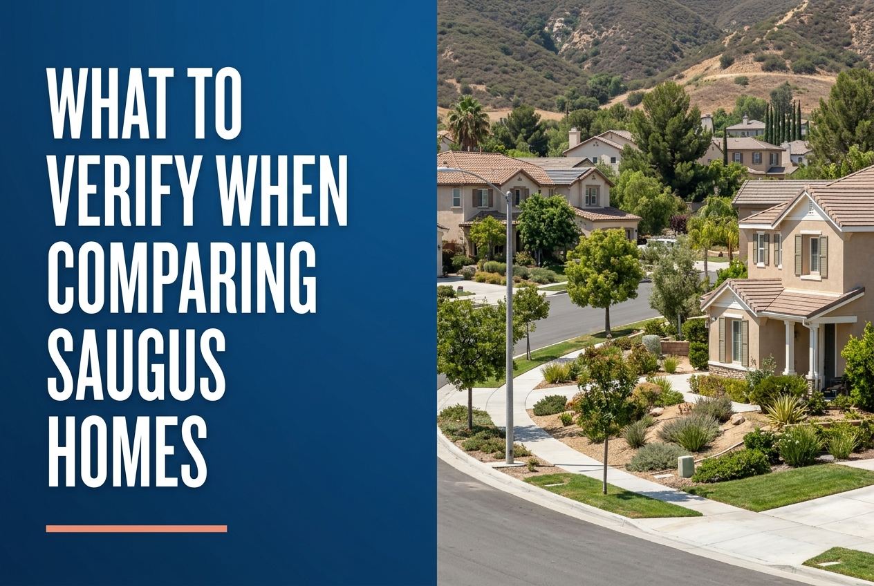 A split-layout blog cover featuring a dark blue panel with white text on the left and a suburban Saugus, CA streetscape on the right.