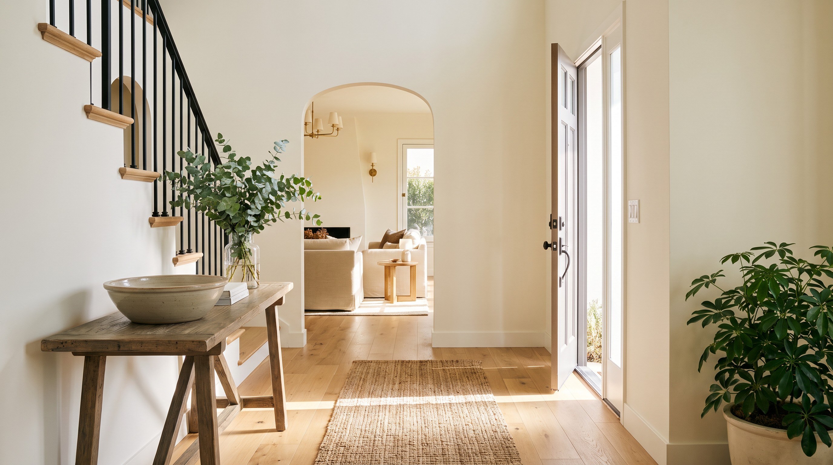 A bright entryway with the front door open onto a light oak floor