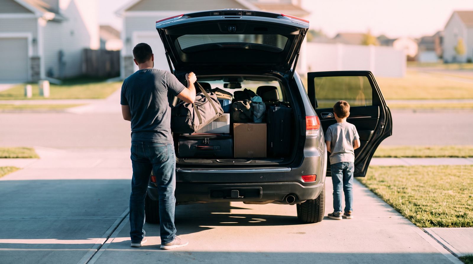 A packed SUV in a driveway at sunrise