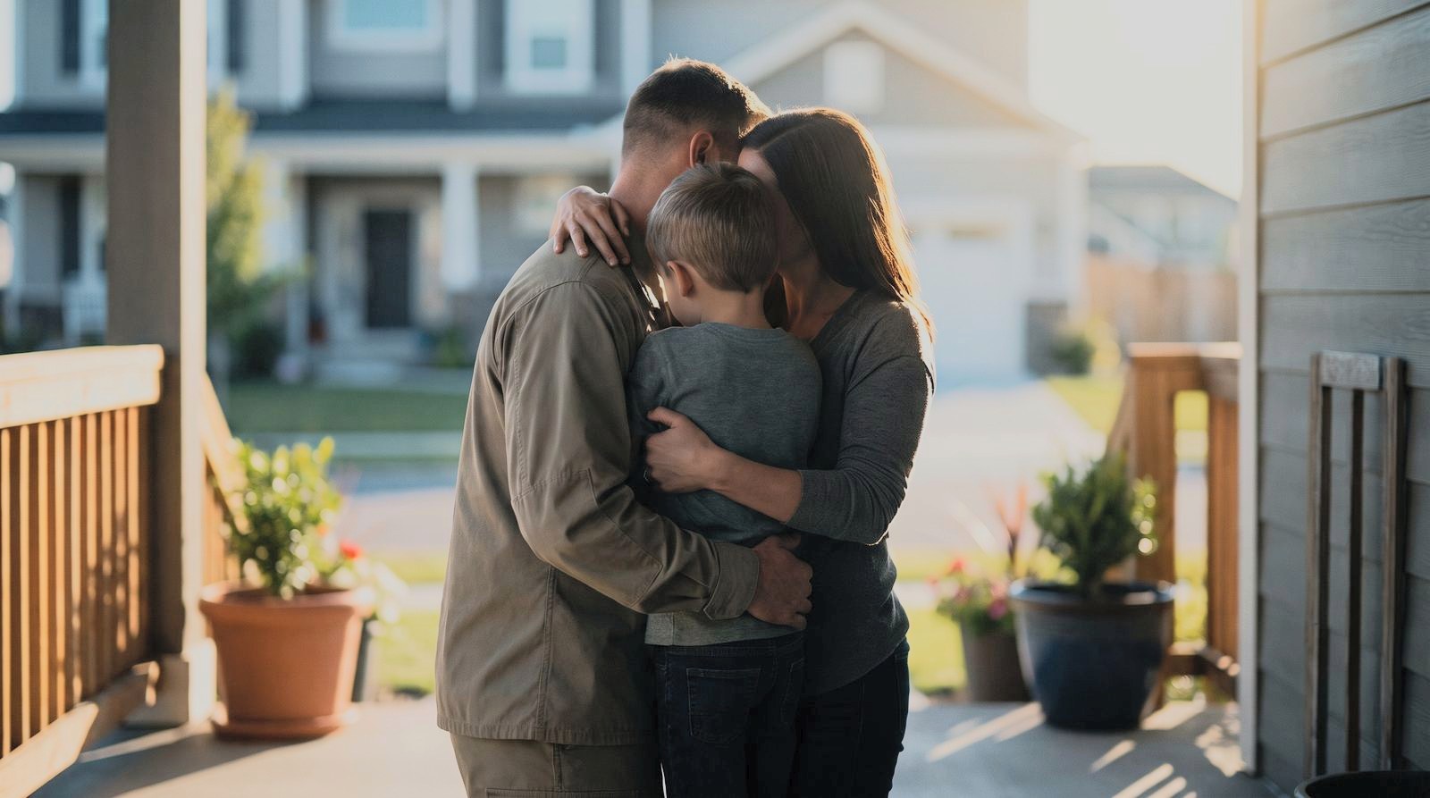 A service member being hugged on a front porch by a spouse and child